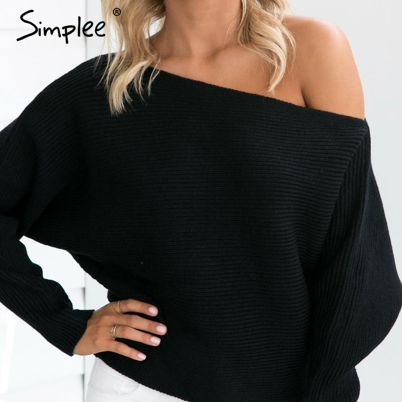 Simplee Off shoulder sexy elastic knitting pullover female Bat long sleeve knitted sweater women Fashion jumper pull knit shirt | Женская