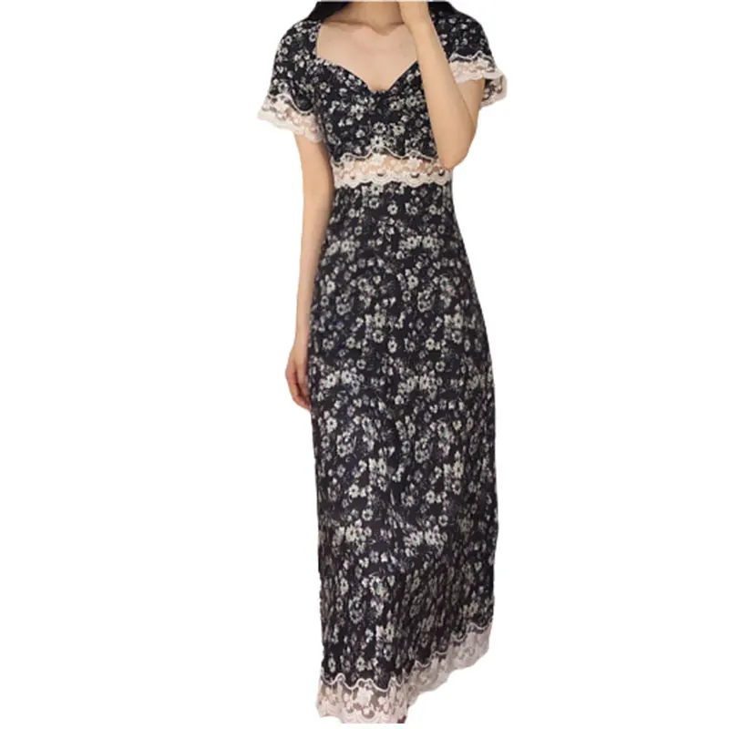 

Women 2020 Vintage Floral Dress Women Elegant Lace Chiffon Korean Party Dress Puff Sleeve V Neck Midi Dress Fall Dresses Y9