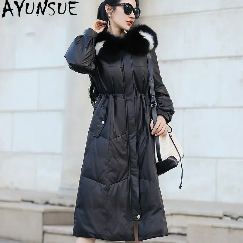 

Long Real Leather Jacket Women Sheepskin Coat Female White Duck Down Jackets Fox Fur Collar Winter 2020 Mujer Chaqueta Pph1770