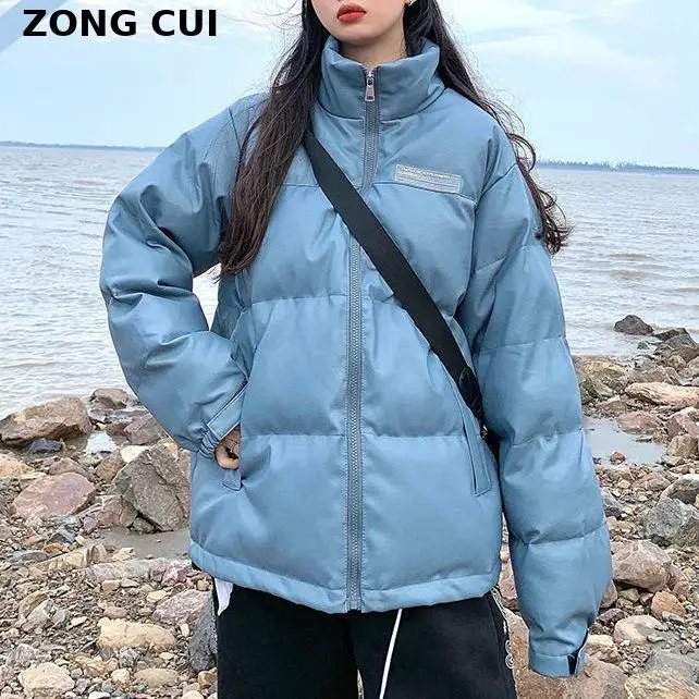 

Куртка женская из искусственной кожи с воротником-стойкой и длинным рукавом