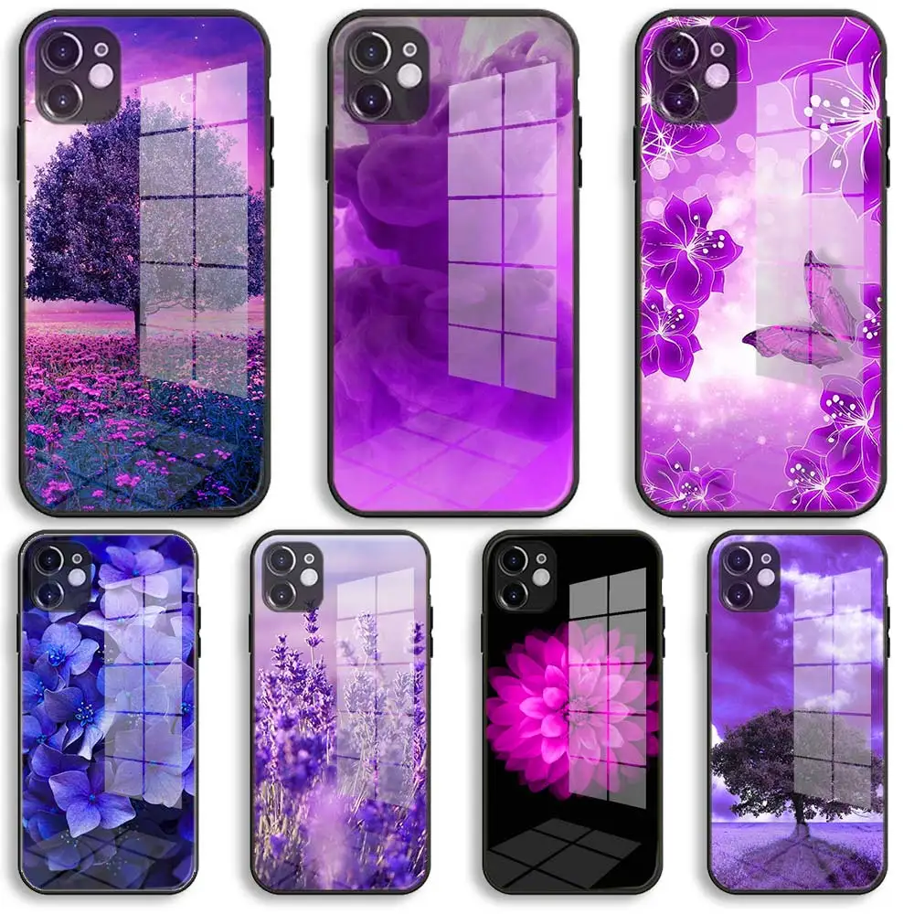 

world of purple flowers Soft Glass Silicone Case For iPhone 13 12 11 Pro X XS Max XR 8 7 6 Plus SE 2020 S Mini Balck Cover