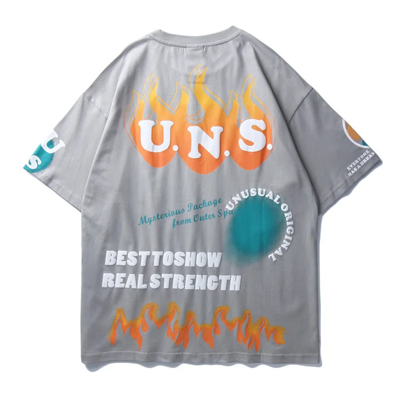 Оверсайз Футболка Мужская Хип-Хоп Уличная граффити Огонь Пламя Печать Harajuku