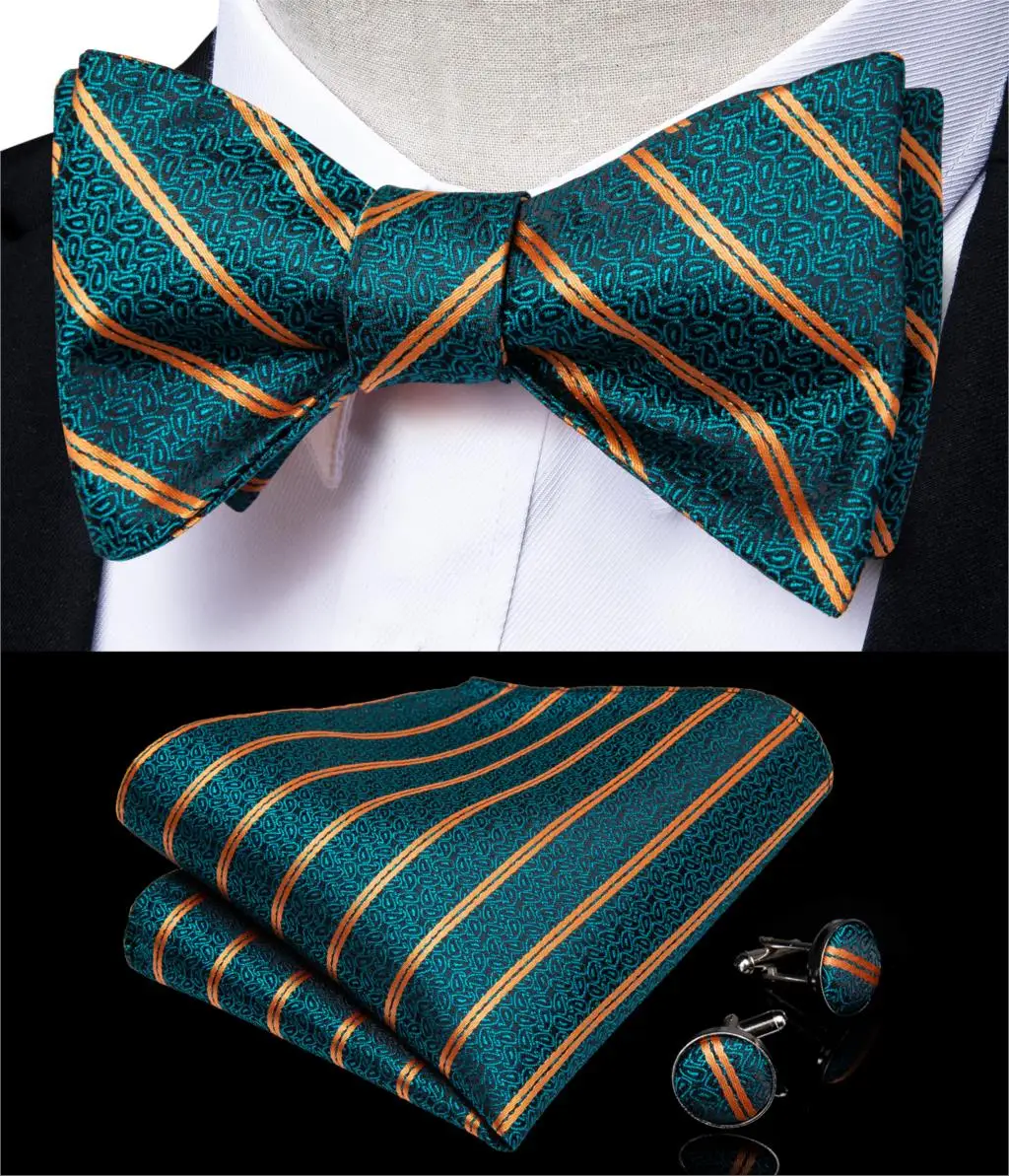 

Green Gold Striped Bowtie for Men Silk Ajustable Butterfly Hanky Cufflink Bowtie Set for Wedding Party DiBanGu Designer JM-098