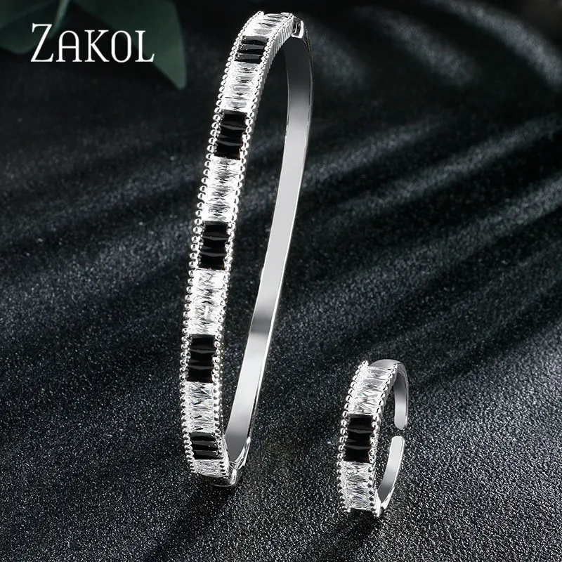 Black ZAKOL блестящий черный прозрачный квадратный кубический цирконий Свадебные ювелирные изделия браслет кольцо набор для женщин свадебный ужин юбилей FSSP3103 - Окраска металла: Black