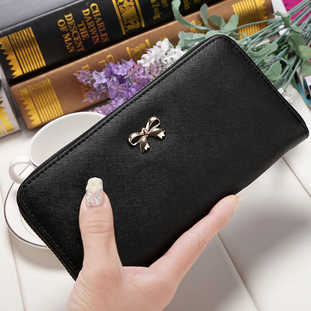 

Cute Bowknot Women Long Wallet Pure Color Clutch Bag Purse Phone Bag Card Holder Large Capacity Wallet