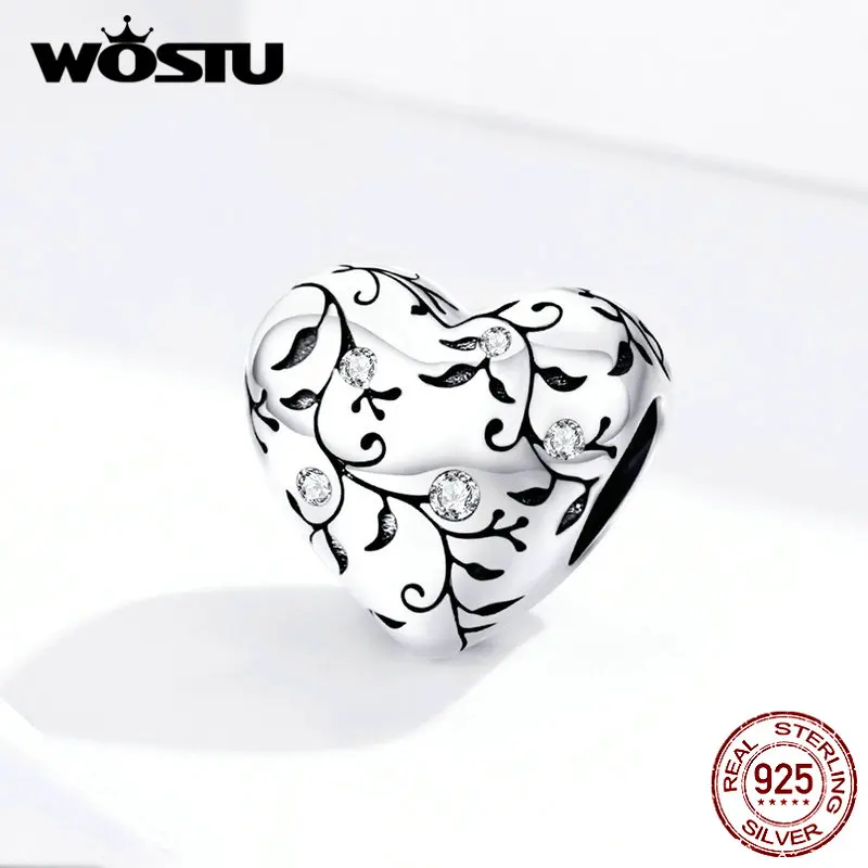 Бусины-шармы WOSTU из серебра 925 пробы в виде сердца цветка ретро-узоры для браслета