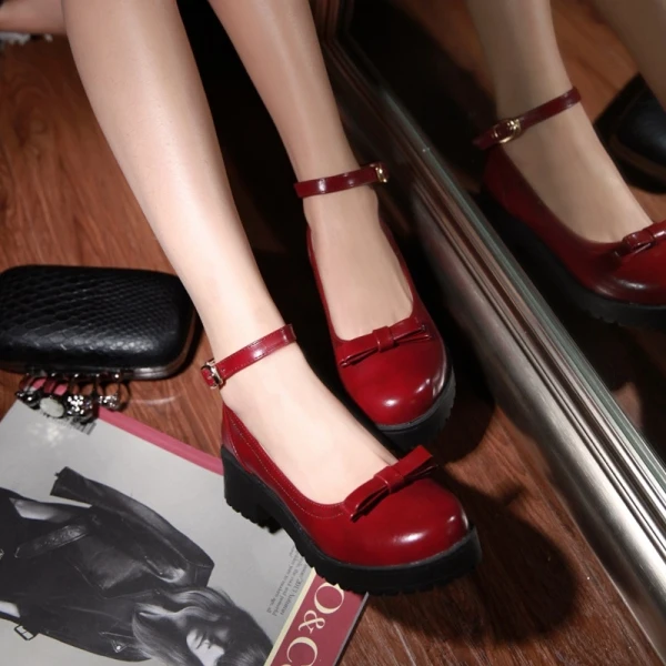 

Japanese Loli Daily Sweet Lolita Shoes Round Head Thick Heel Thick Bottom Women Shoes One-word Buckle Bowknot Kawaii Shoes Cos