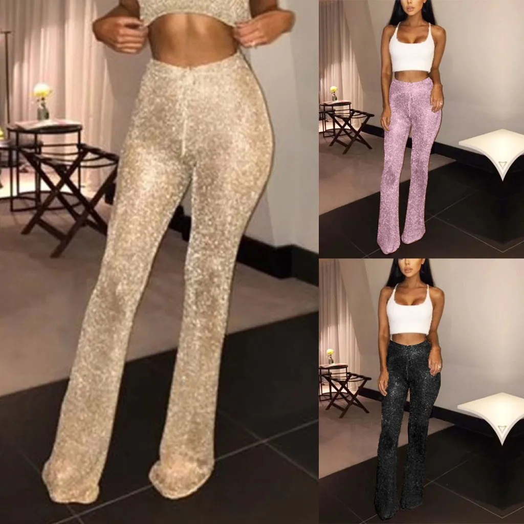 Женская сексуальная упаковка тянущиеся вязанные крючком Брюки-клеш