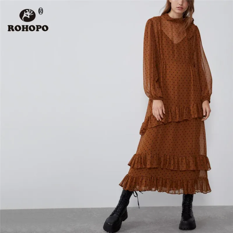 ROHOPO Bow Round Collar Long Sleeve Black Polk Dot Cascading Ruffled Yellow Midi Dress Tops Draped Pleated Hem Vestido #2356 | Женская