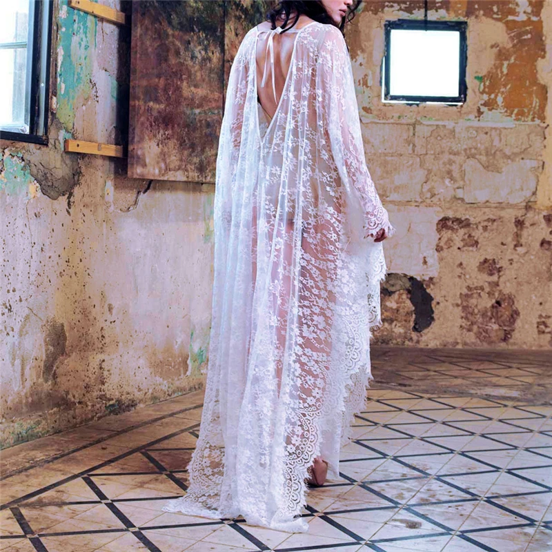 

2019 New Women Lace Chiffon Kimono Beach Bikini Cover Up Wrap Beachwear Mesh Long dress