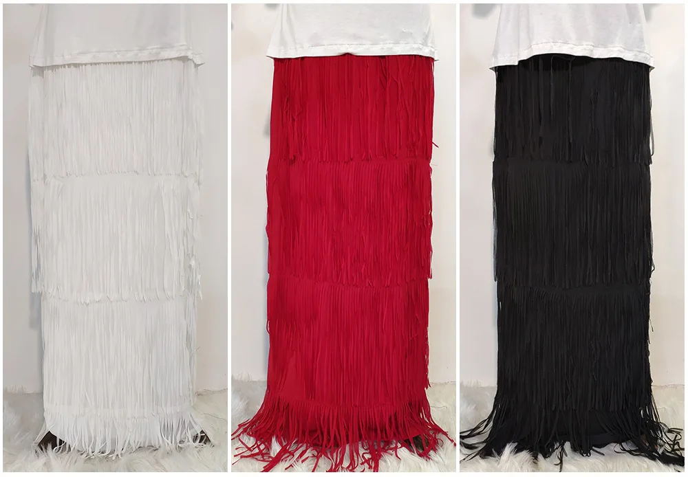 

High Waist Tassel Ankle-length Skirt Women Elegant Multi-layer Cake Skirts Female Muslim Dubai Islamic Cothing Solid Color 2020