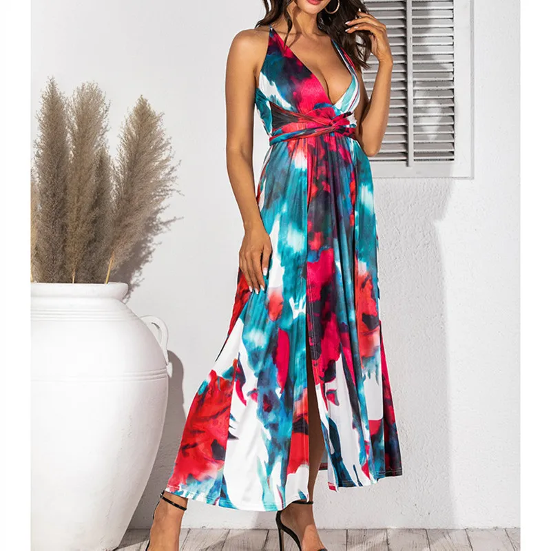 Женское платье макси с V образным вырезом и принтом|Женские платья| |