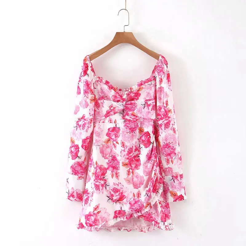 Женское повседневное мини-платье с цветочным принтом зимнее розовое винтажное