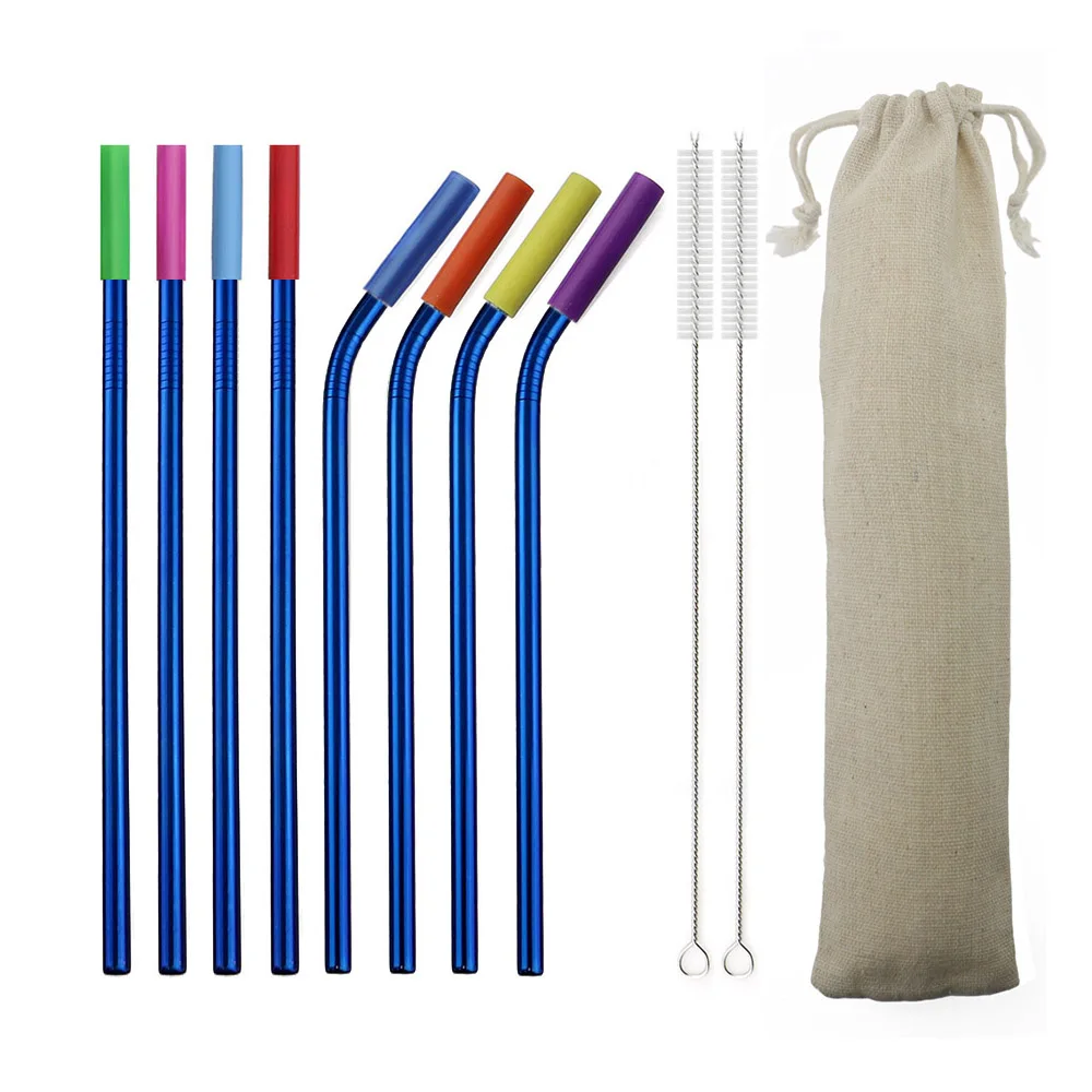 11PCS Blue 11 шт./компл. питьевой соломы 304 Нержавеющая сталь многоразовые соломы прямой изогнутая металлическая соломинка с силиконовыми наконечниками для чистки ногтей оптом - Цвет: 11PCS Blue