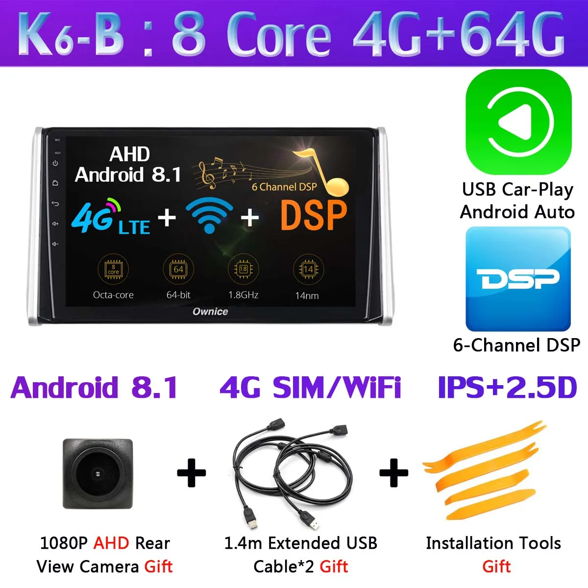 K6-B-CarPlay 360 ° камера Android 9,0 8 ядерный 4G+ 64G SPDIF DSP CarPlay Автомобильный мультимедийный плеер gps навигация радиоприемник для Toyota RAV4 - Цвет: K6-B-CarPlay