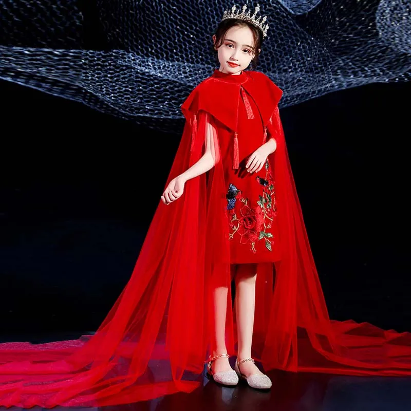 

Red Embroidery Evening Dress With Shawl Kids Princess Dresses Chinese Style Wedding Dress Children Costume Catwalk Party Gown
