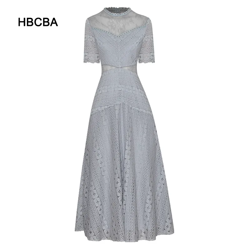 

HBCBA Round Neck Short Sleeve Perspective Lace Heavy Industry Hollow Out Waist Closing Big Swing Temperament Dress 2021 New