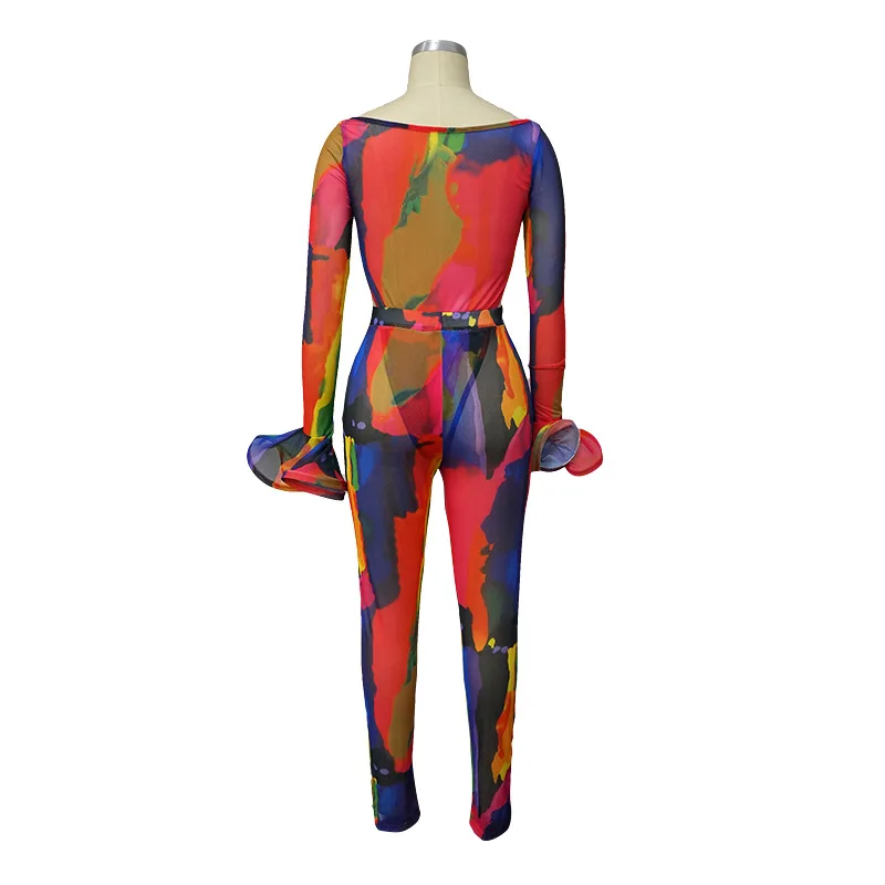 

2020 Summer New Arrival Suit Women's Mesh Perspective Printing Long Bell Sleeve Shirt Pants European and American Two-Piece Set