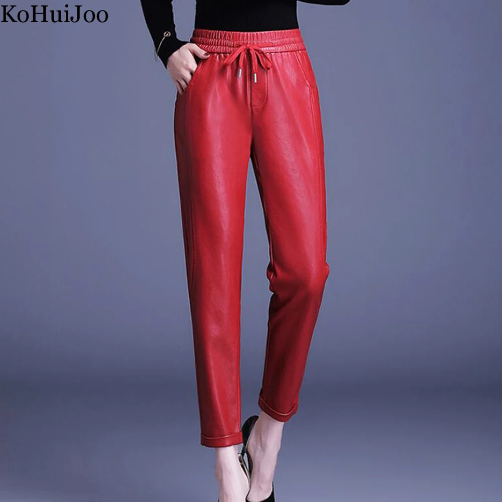 

Harem Leather Pants Women Elastic Waist Plus Size Drawstring PU Leather Trousers High Waist Pants Green Red Black 5XL