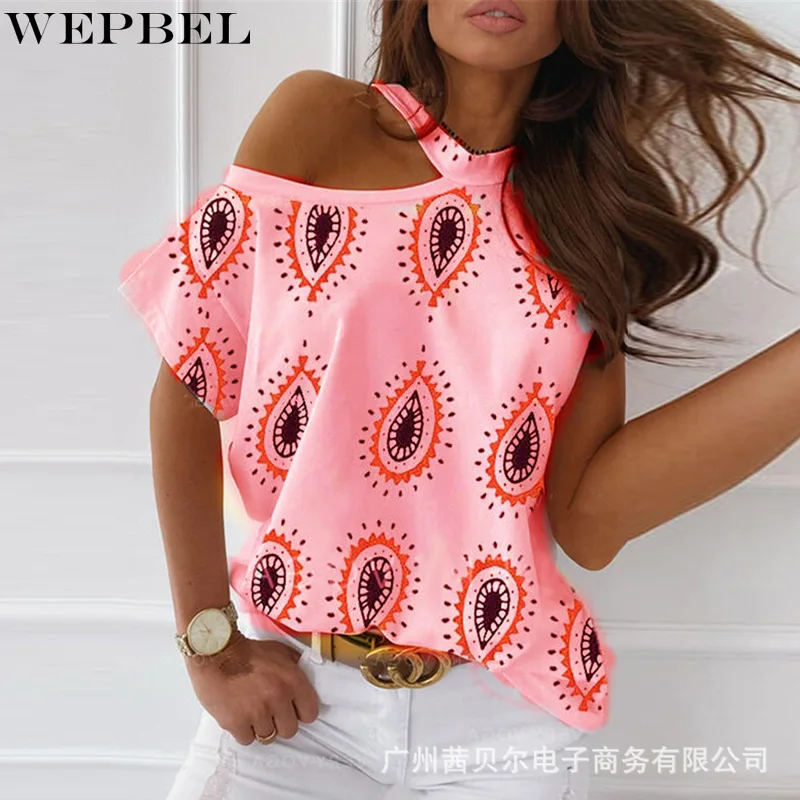 

WEPBEL Women's Fashion Off Shoulder Digital Printing Halterneck T-shirt Summer Casual Short Sleeve Loose-Fit T-shirt Top