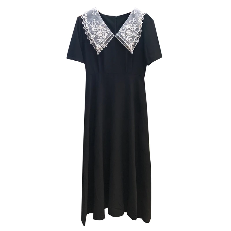 

Korean Dongdaemun Spring Large Lace Lapel Solid Color Waist Slimming Mid-Length Elegant Dress for Women