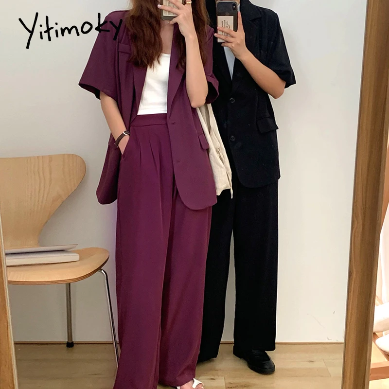 

Yitimoky 2 Piece Set Women Blazer Pant Suits Elegance Short Sleeve Breasted Office Lady Work Jacket Summer 2021 Korean Fashion