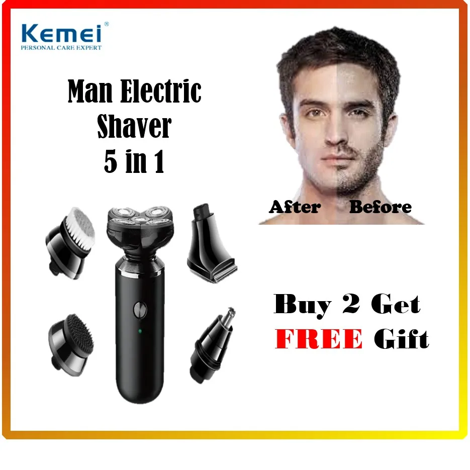 

Kemei 5 IN 1 Multifunction Men Electric Shaver Epilator Clipper Nose Electric Trimmer Beard Razor 5 Heads Grooming Kit KM-1004