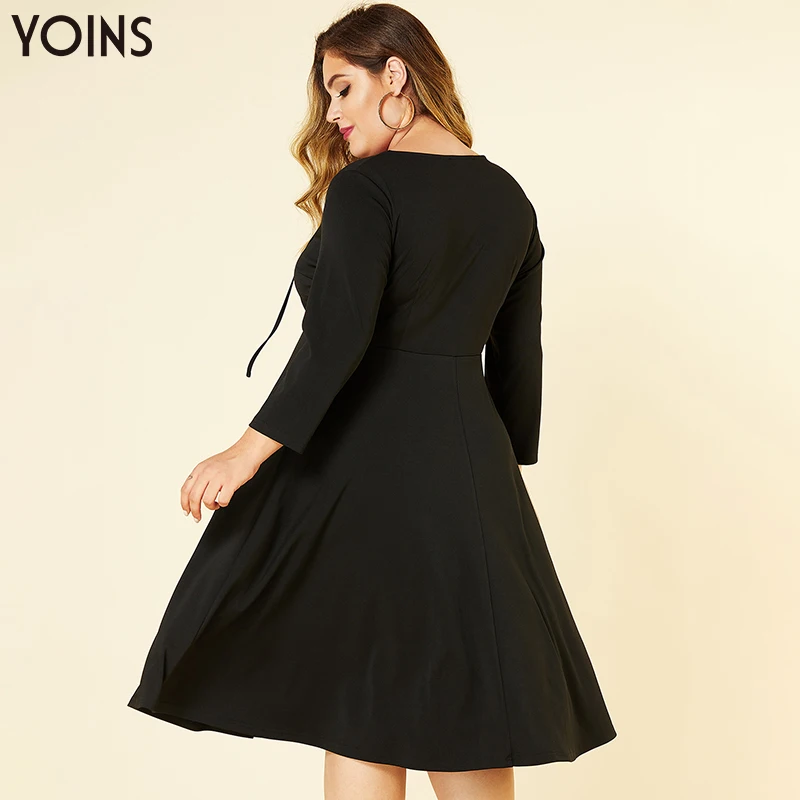 YOINS Classy Black Plus Size Lace Up V Neck Solid Dress 2020 Women Autumn Winter Office Lady Basics Long Sleeve Midi Dresses | Женская
