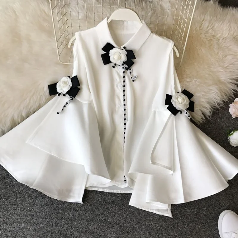 

Spring Summer 2020 New Vintage Lapel Strapless Big Flare sleeve Long sleeve Slim Chiffon Shirt 3D Flower Deco Blouse Women