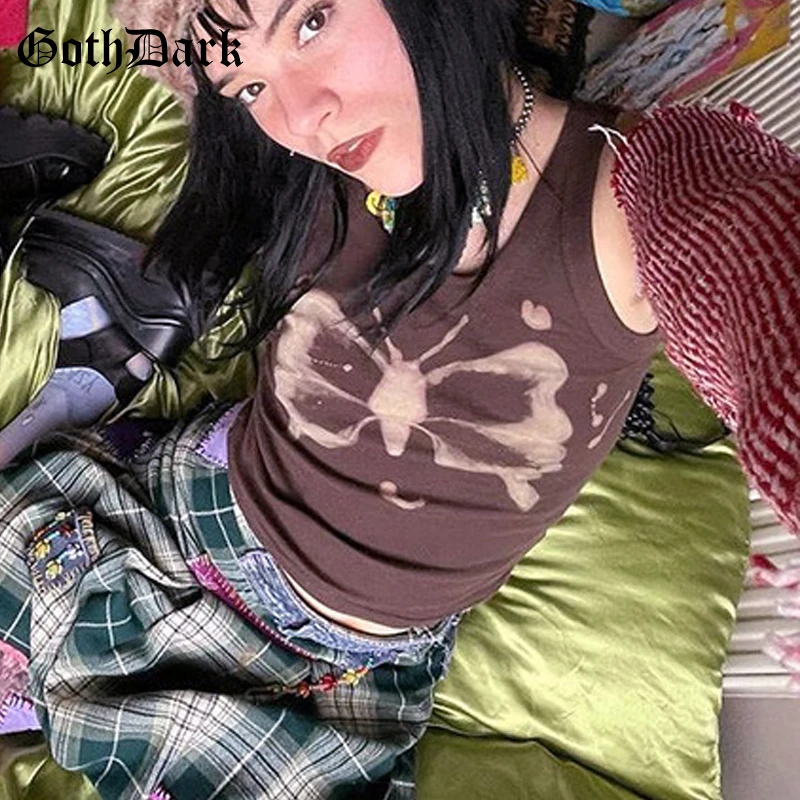 

Goth Dark egirl Aesthetic Gothic Brown Women Y2k Tank Tops Grunge Streetwear Vintage Bodycon Crop Top Fashion Tie Dye Streetwear