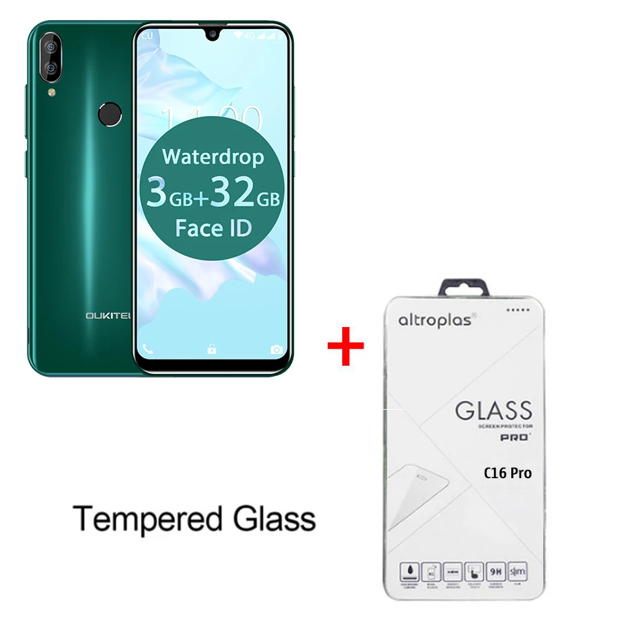 Green N Temper Glass OUKITEL C16 Pro 5,71 ''Android 9,0 19:9 MT6761P 3 ГБ 32 ГБ смартфон отпечаток пальца Лицо ID капля экран 5 В/1A 4G мобильный телефон - Цвет: Green N Temper Glass