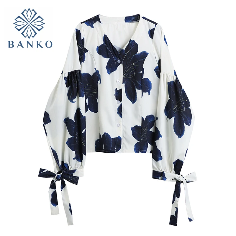 

Женская винтажная блузка с цветочным принтом, свободная офисная рубашка с длинным рукавом и V-образным вырезом, элегантная дизайнерская блу...