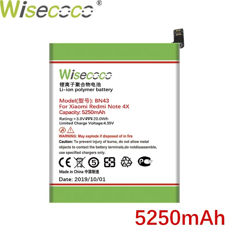 WISECOCO 5250 мАч BN43 батарея для Xiaomi Redmi Note 4X телефон новейшее производство высокое качество батарея+ номер отслеживания