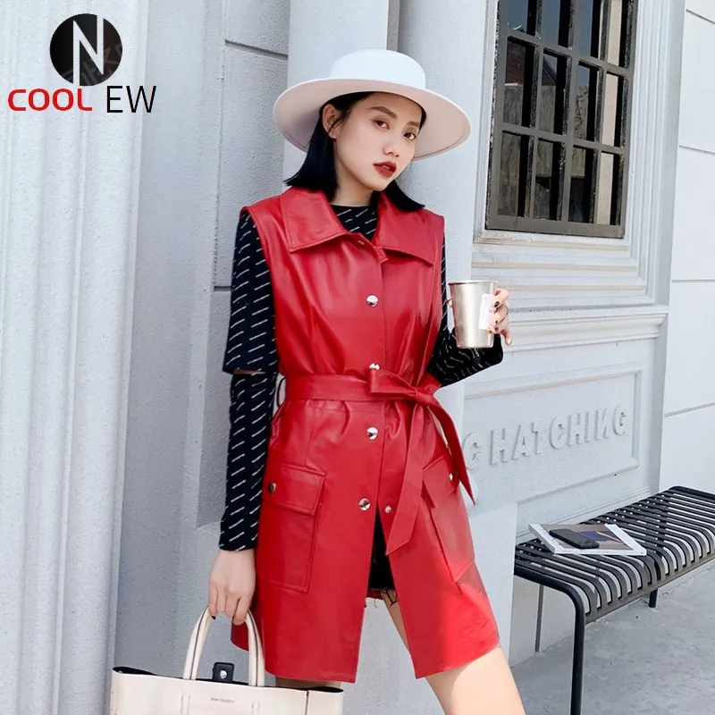 

High Street Genuine Leather Womens Sleeveless Long Jackets Single Breasted Lapel Belt Pockets Plus Size Medium Length Waistcoats