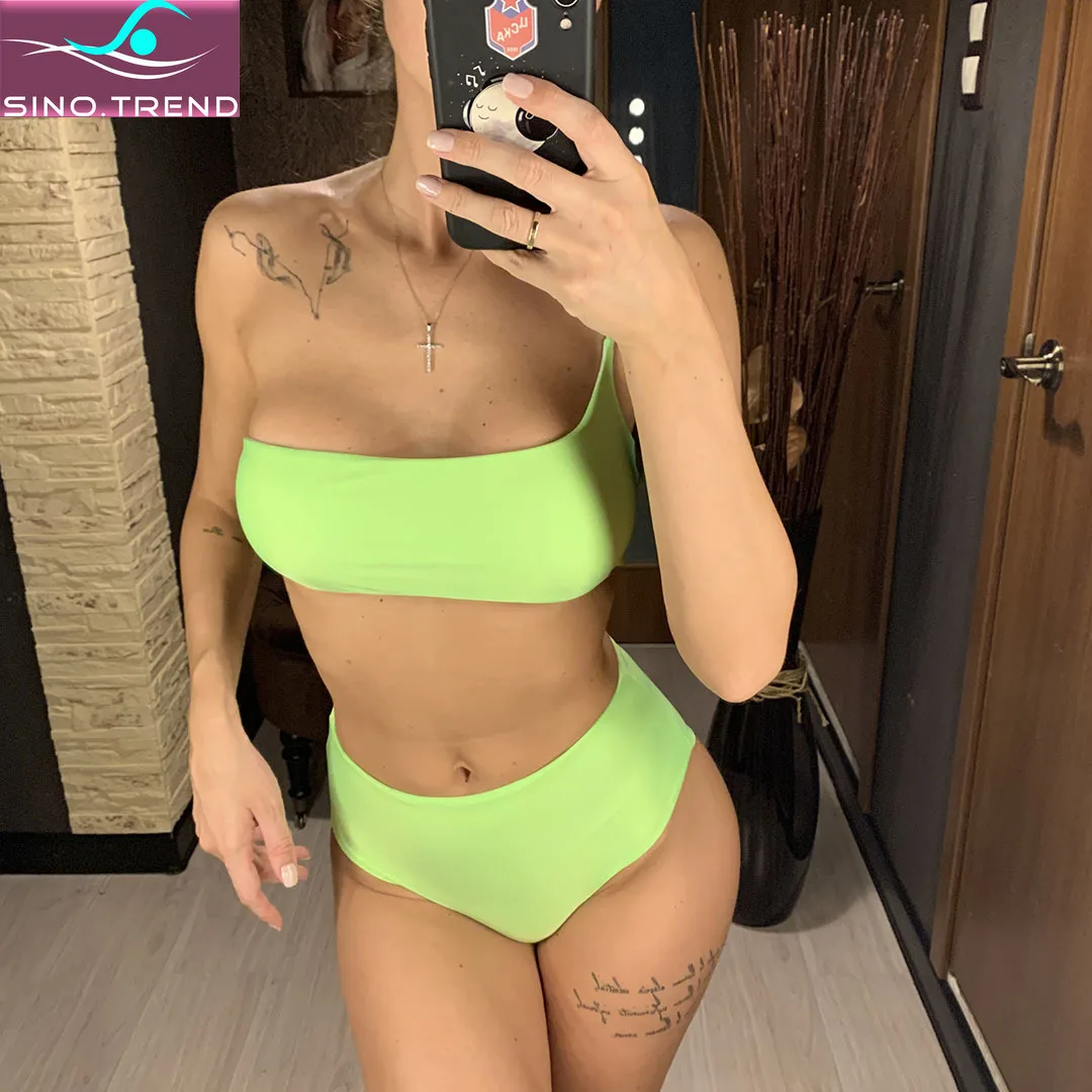 

SINO.TREND NEW One Shoulder Swimsuit High Waist Bikini Set Women High-leg Swimwear Two-pieces Bather Sexy Bathing Suit Swim Wear