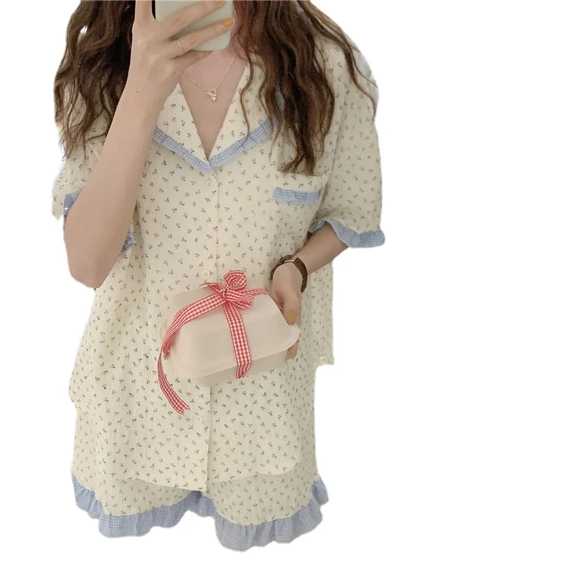 Pajamas Women's Summer New Product Sweet Ear Edge Small Flower 2Pcs Set Korean Cardigan Home Clothes Female Sleepwear Nightwear