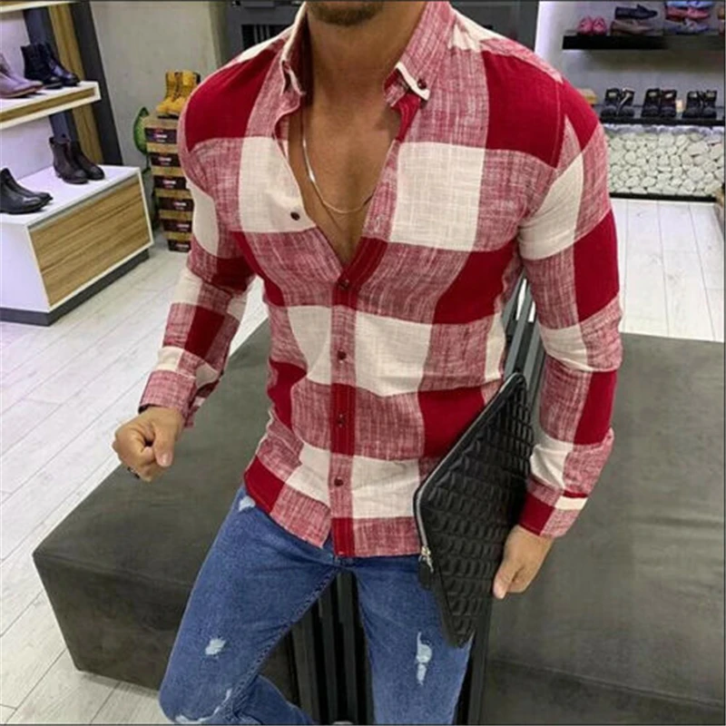 Мужская пляжная рубашка в клетку повседневная приталенная с длинными рукавами и