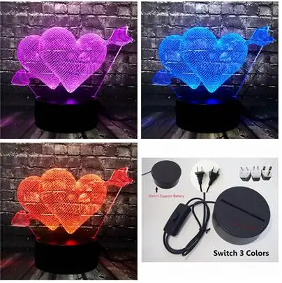 Романтическая любовь Купидон стрела через Двойное сердце 3D светодиодный USB лампа Милая влюбленные Свадебные украшения Красочный ночной светильник подарок - Испускаемый цвет: Switch one 3 Color