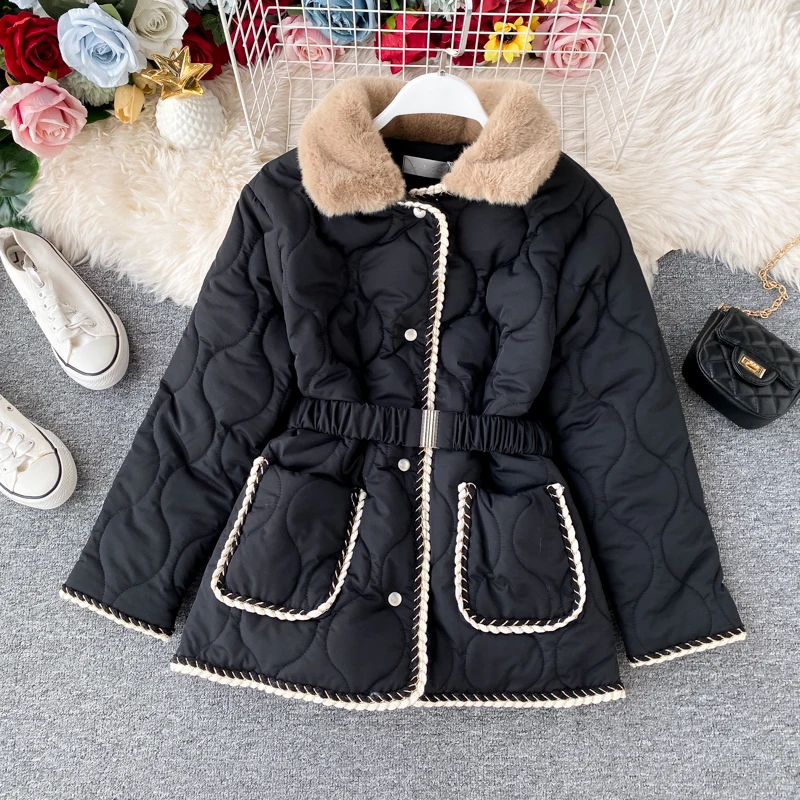 

Autumn Winter Korean Style Jacket Turn Down Collar Pocket Coat Female Casual Warm Cotton Padded Clothes Outwear