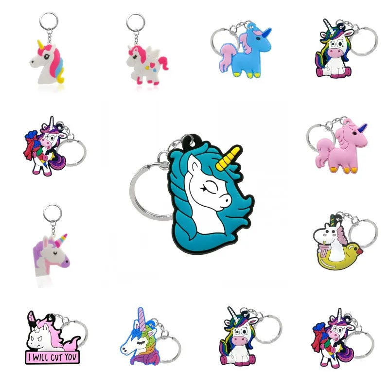 

100PCS PVC keychains lovely Rainbow Shell Horse key holders animal pattern key ring fit kids girl women bag keys accessories