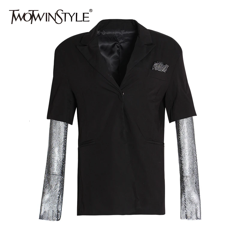 Женский блейзер с длинным рукавом TWOTWINSTYLE осенний черный бриллиантами 2020|Женские