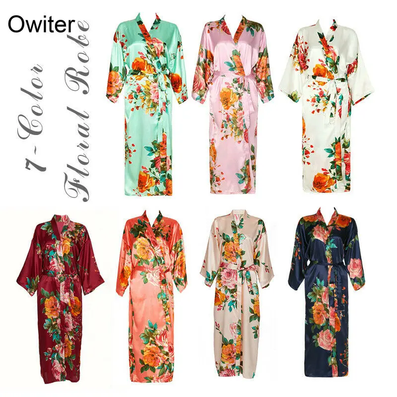 Owiter Women Floral Silk Satin Robe Bride Robe Bridesmaid Robes Wedding Bridal Party Gift Robes Nightgown Sleepwear Bathrobe