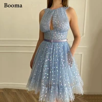 booma fairy blue mini prom dresses keyhole neck pleats printed hearts tulle prom gowns with pockets short wedding party dresses