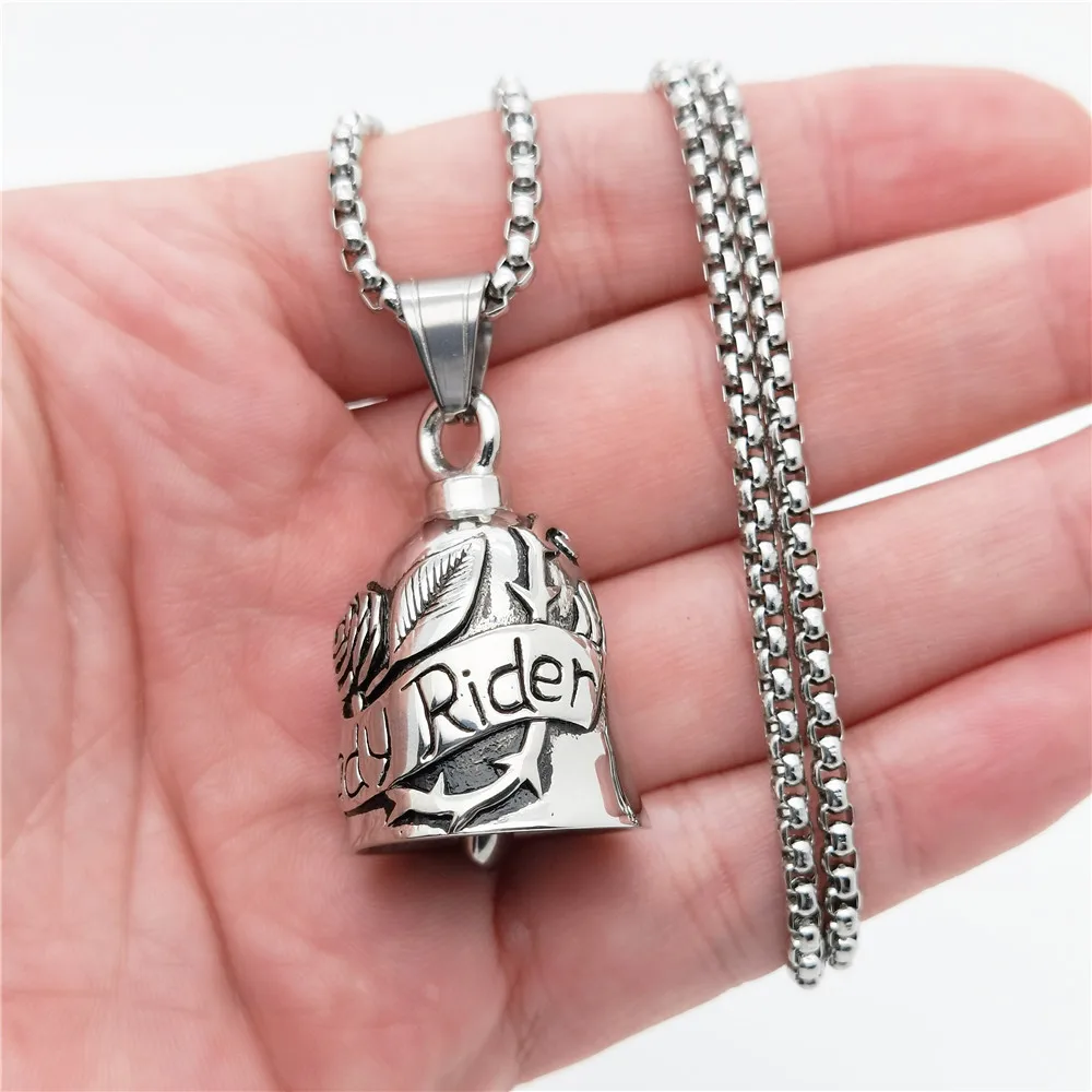 

Womens Lady Biker Guardian Gremlin Bell Pendant Necklace Stainless Steel
