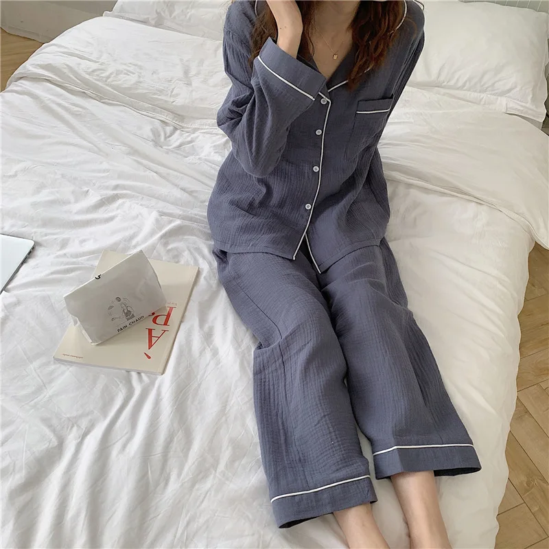 New Double Layer Yarn Cotton Pajamas Women's Long Sleeve Cardigan Two Piece Suit In Spring And Autumn 2020