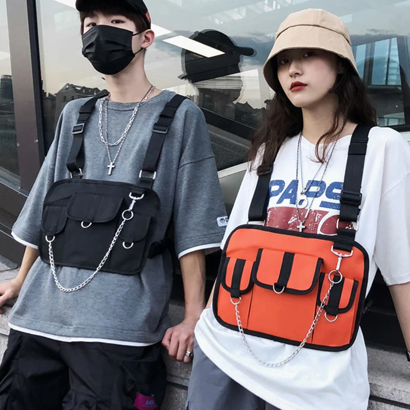 Фото 2020 женские Тактические Водонепроницаемые черные сумки с цепочкой в стиле хип хоп