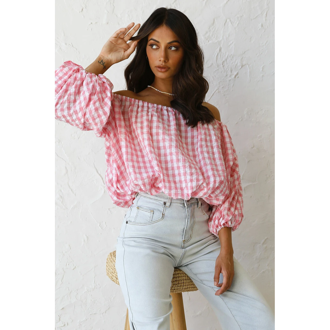 

2022 Spring/Summer New Women's Long Sleeve Plaid Printed Shoulder Puff Sleeve Top Clothes Tshirts