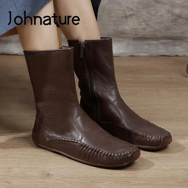 

Johnature Genuine Leather Ankle Boots Women Shoes Zip Flat With Sewing Leisure 2022 New Handmade Concise Round Toe Ladies Boots