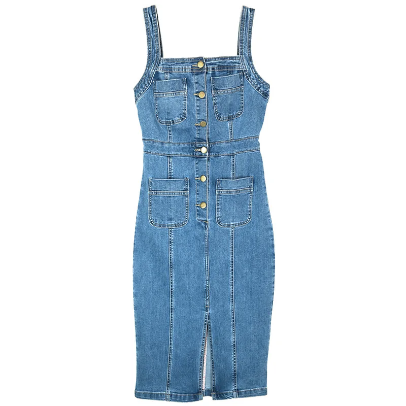 Платье Карандаш женское джинсовое средней длины на тонких бретельках с