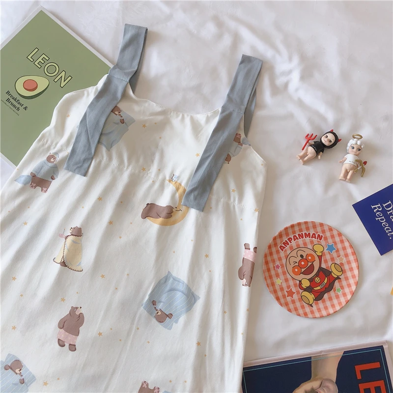 

Women Nightgowns Sleeveless Summer Sleepshirts Print Casual Womens Sleepwear Sweet Kawaii Korean Style Ulzzang Chic Home Wear